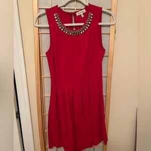 Monteau Red Dress with Beaded Neckline